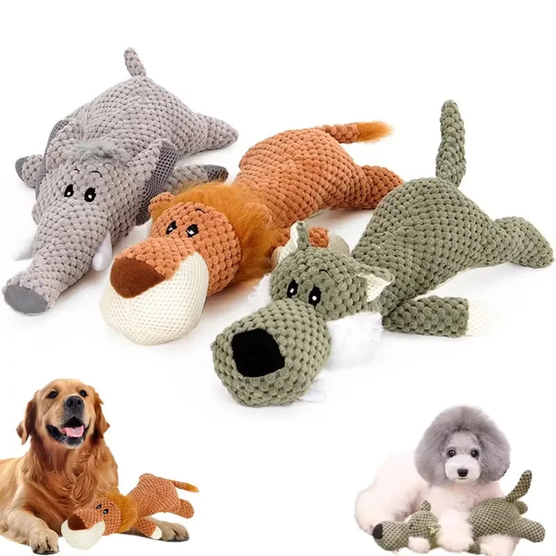 Bite-Resistant Plush Squeaky Dog Toy – Lion, Wolf, Elephant Cartoon Design