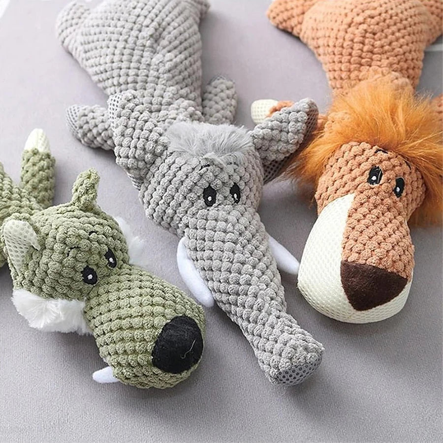 Bite-Resistant Plush Squeaky Dog Toy – Lion, Wolf, Elephant Cartoon Design