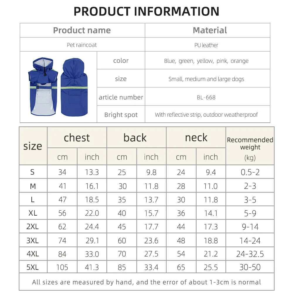 Large Dog Hooded Raincoat Waterproof Reflective Windproof Cloak