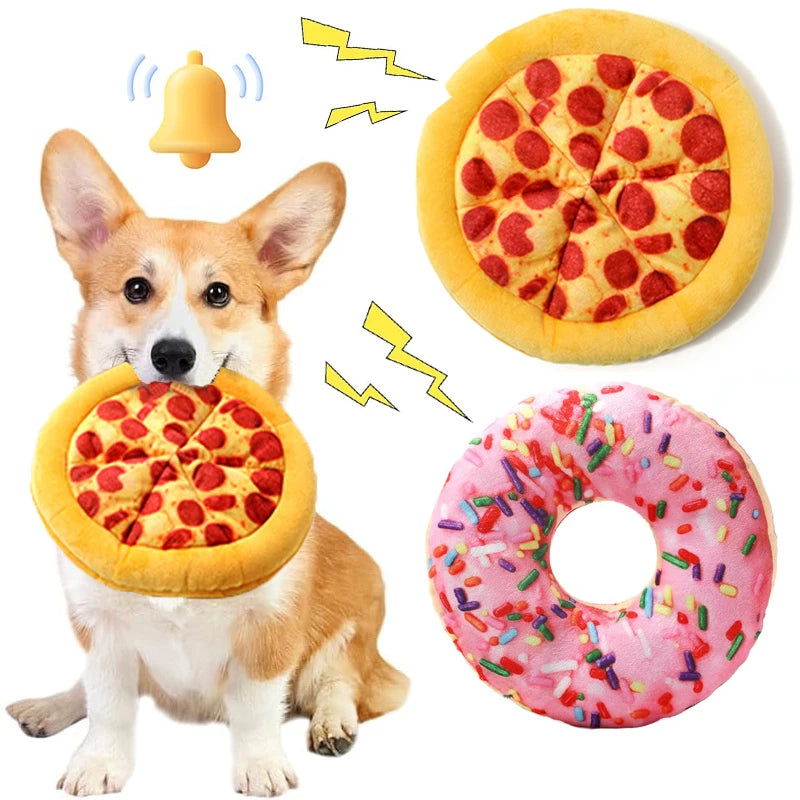 Plush Squeaky Dog Toy – Doughnut & Pizza