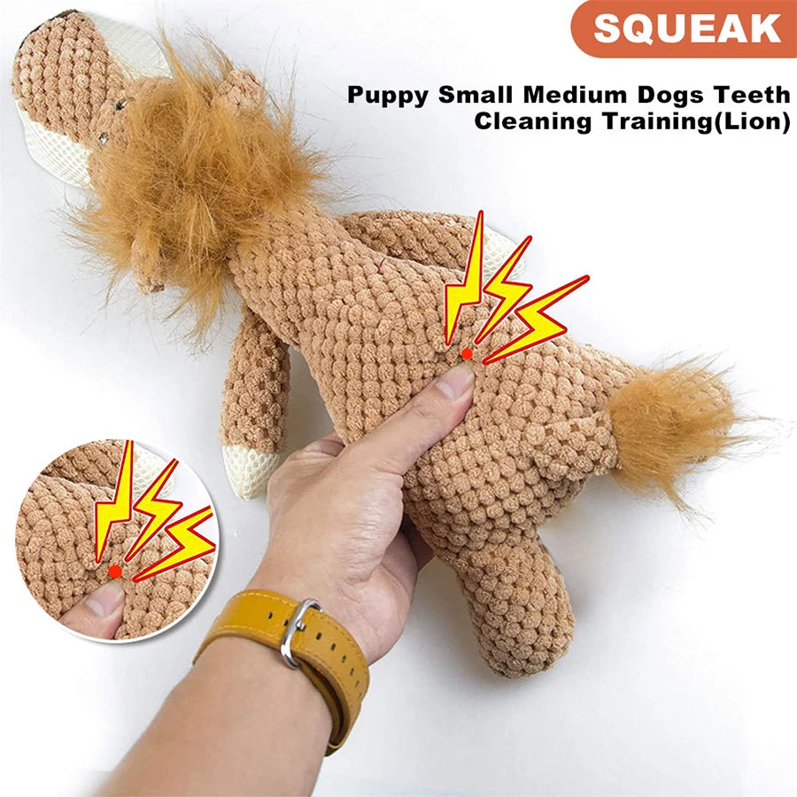 Bite-Resistant Plush Squeaky Dog Toy – Lion, Wolf, Elephant Cartoon Design